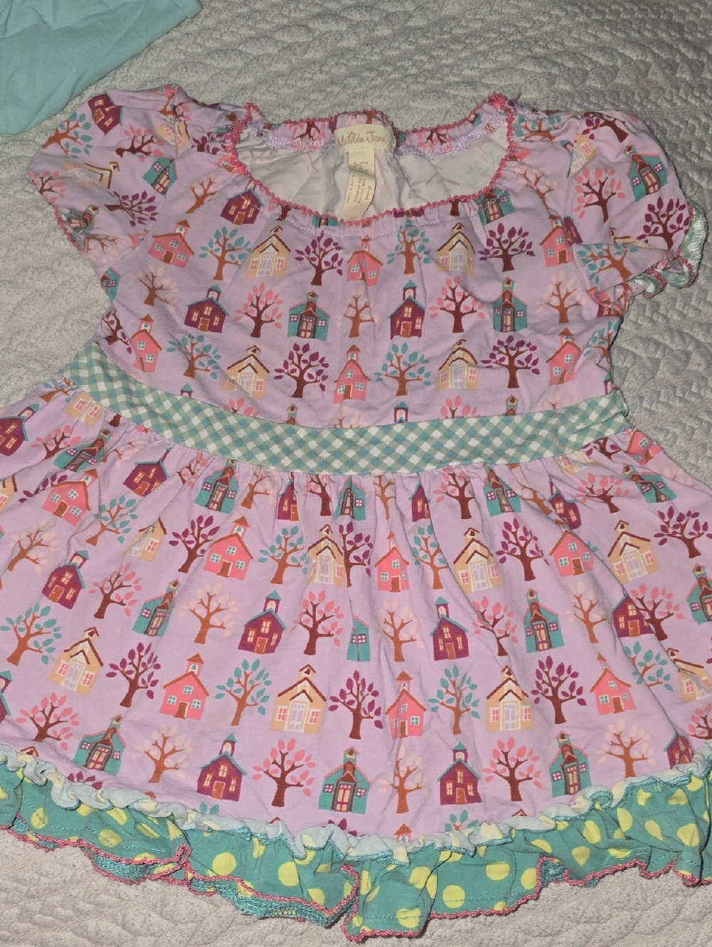 Matilda Jane Pink Purple Multi Village Print Dress with Teal Accents